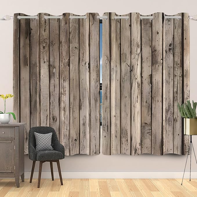 Rustic Curtains Vintage Grey Wood Barn Door Window Curtains Wood Planks American Rural Garage Door Drapes Earth Tone Wooden Door Window Treatments Native Farmhouse Decor,53x84 inch,2 Panels