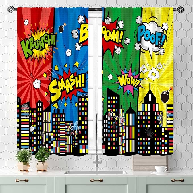 Super City Hero Curtain, Comic Style Cityscape Skyline Buildings Cartoon Window Curtains for Boys Kids Teens Baby Room Bedroom Living Nursery 2 Panel Sets, 55x39 Inch