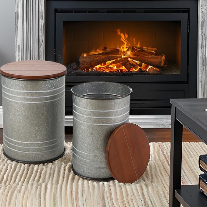Glitzhome Rustic End Table Set of 2, Farmhouse Galvanized Metal Barrel Ottoman Storage Stool with Round Wood Lid for Living Room Furniture, Grey