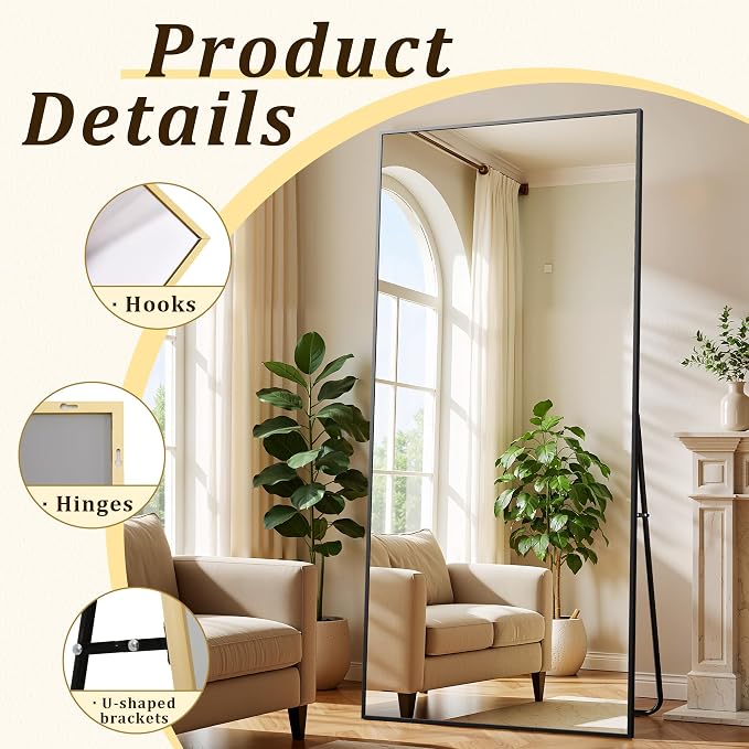 BEAUTYPEAK 80"x40" Rectangle Full Body Floor Mirrors, Full Length Mirror Hanging or Leaning, Aluminum Alloy Frame Wall Mirror for Bedroom, Dressing Room, Black