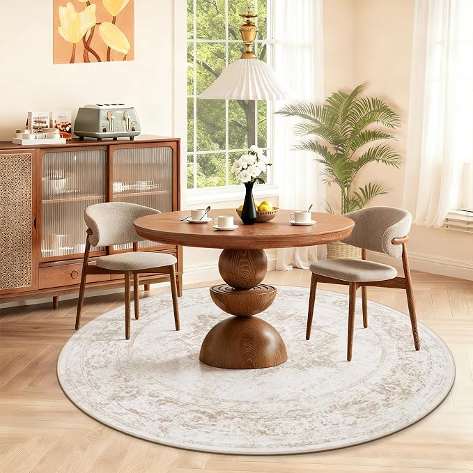 Round Rug 4ft Vintage Rugs: Small Washable Circle Rug Distressed Non Slip Circular Carpet for Living Room Bedroom Kitchen Home(Beige, 4' Round)