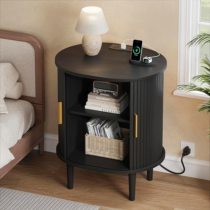 DHH Mid Century Modern Nightstand Set of 2 with Charging Station, Fluted Accent Side Table with Sliding Door & Adjustable Shelf, End Table for Small Space, Living Room, Bedroom,Sofa Couch, Black