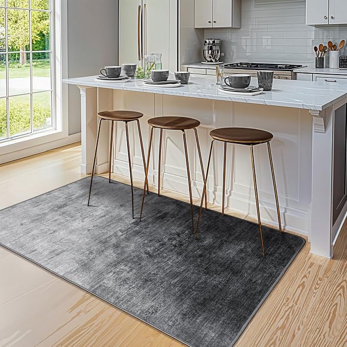 3x5 Washable Area Rug, Gray Solid Area Rugs for Living Room & Bedroom | Stain-resistant & Non-slip backing,Low Pile Washable Large Carpet, Solid Vintage Style For High Traffic Areas(3x5,Gray)