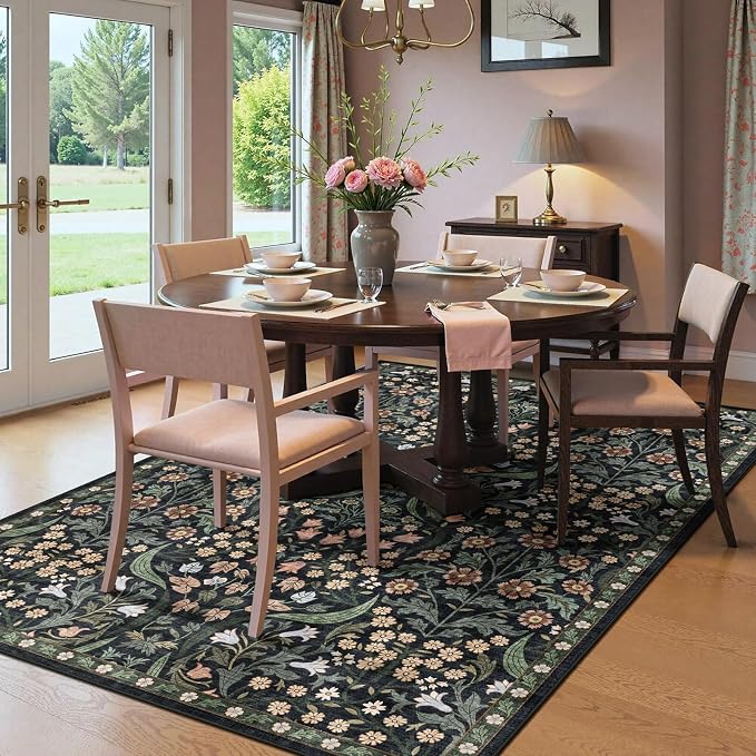 5x7 Washable Area Rug for Living Room, Floral Non-Slip Non-Shedding & Easy Care, Soft Low Pile Forest Boho Indoor Floor Carpet for Living Room, Bedroom, Farmhouse, Dining Room, Kids Playroom, Black