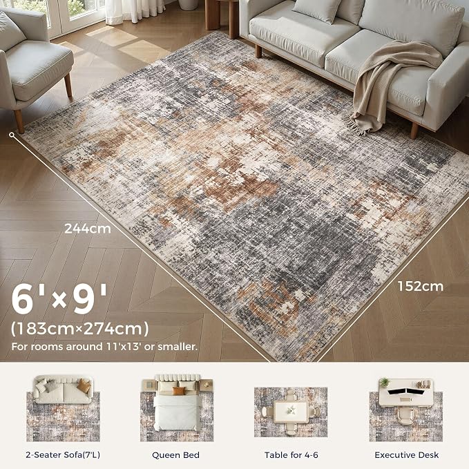 DMOYEST Area Rug Living Room Rugs - 6x9 Washable Large Soft Indoor Neutral Modern Abstract Low Pile Rug Carpet for Bedroom Dining Room Farmhouse Home Office - Grey Brown