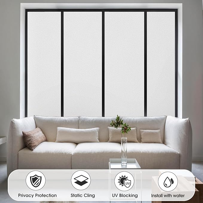 Coavas Window Privacy Film Frosted Glass Static Clings, Decorative Bathroom Door Privacy Film Day and Night, Heat UV Blocking Anti-Glare Frosting Stickers Renter Non-Adhesive, 17.5 x 78.7 Inch, White
