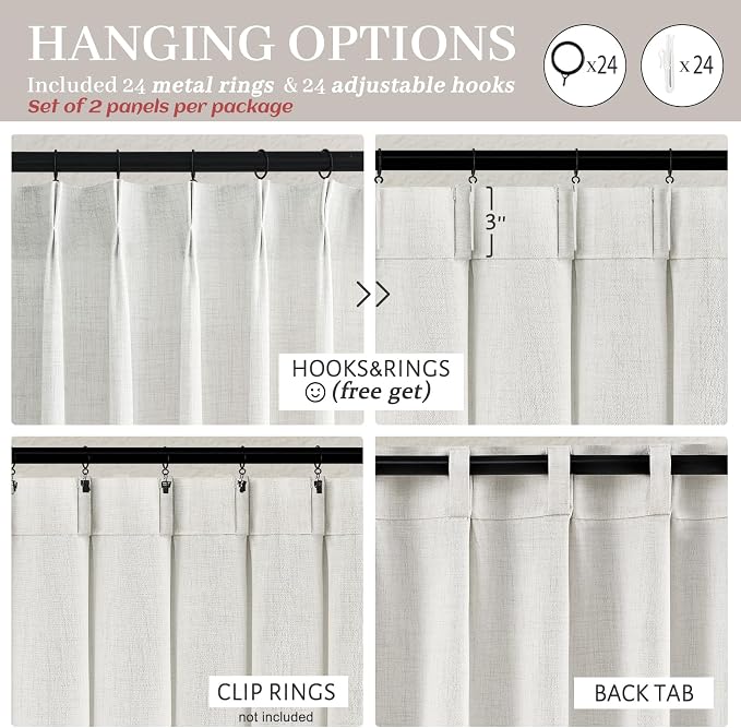 Pinch Pleat Beige White Light Filtering 60 Inch Wide Curtains 90 Inches Long for Bedroom 2 Panels Set, Memory Shape Natural Linen Protect Privacy Boho Heavy Curtain Semi Sheer Viral Window Drapes Burg
