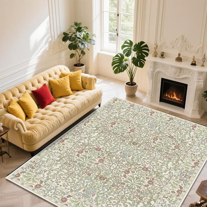 Vintage Light Green Living Room Rug, 9x12 Washable Area Rugs for Dining Room Under Table, Soft Low Pile Large Carpet Bedroom, Non-Slip Boho Floral (9 x 12 Light Green)