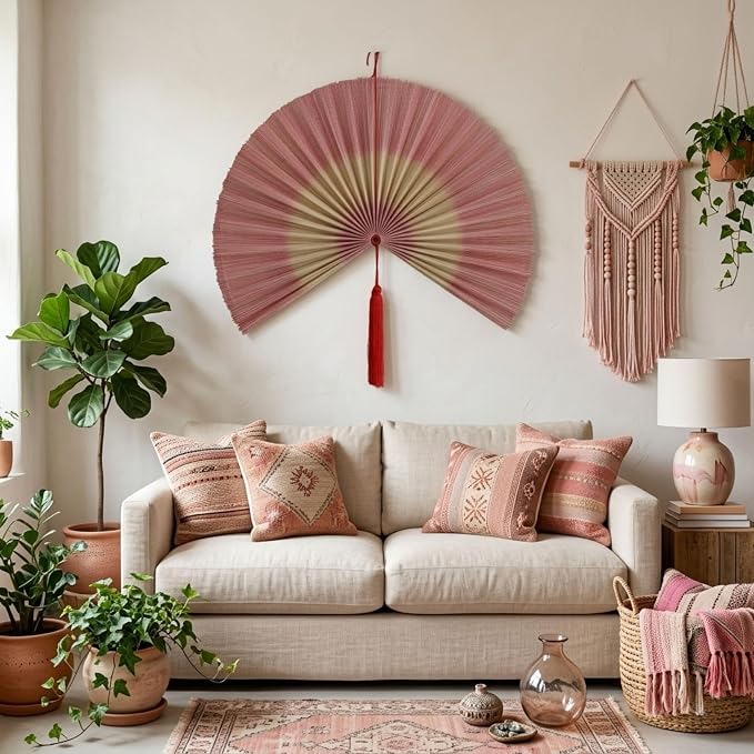 SUCHUBU Pink Bamboo Wall Fan, 47" Soft Aesthetic Wall Decor, Large Japanese Hanging Fan, Asian Wall Art for Nursery, Delicate Boho Bedroom Decor, Handwoven Bamboo Fiber (Pink White, Large)