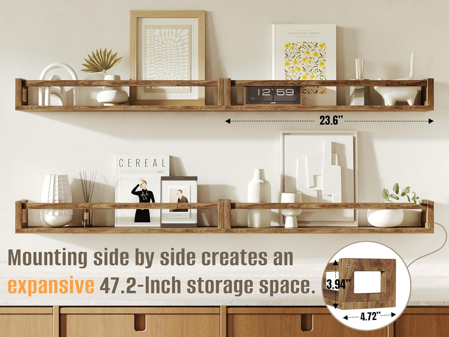 Upgraded Thick Floating Shelves - 24 Inch Multi-Use Wall-Mounted Bookshelves for Kids and Nursery, Ideal for Books, Toy, Spice Rack, Decor - Walnut Brown