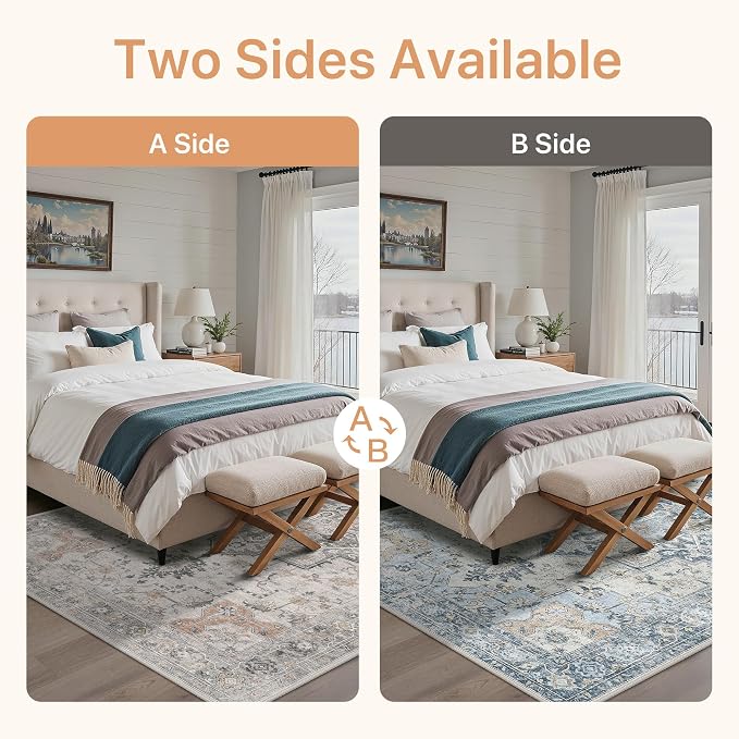 GENIMO 6x9 Reversible Area Rugs for Living Room, Machine Washable Rug with Pad, Non Slip Vintage Rug, Low Pile Lightweight Print Carpet for Bedroom Dining Room Home Office, Taupe & Blue