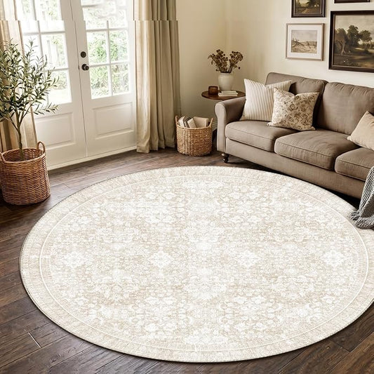 Sasttie Round Rugs 8ft, Ultra-Soft Washable Circle Rug, Low Pile Foldable Thin Carpets with Non-Slip Backing, Skin-Friendly Stain Resistant Carpet for Living Room, Bedroom, Kitchen, Dorm, 8ft, Cream