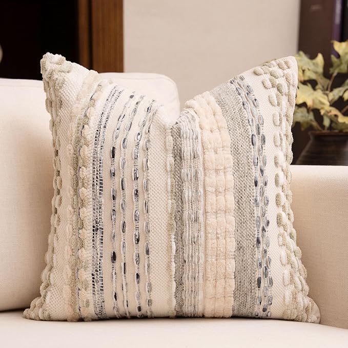 Boho Chenille Tufted Throw Pillow Covers 18x18 Inch Set of 2 Farmhouse Cream White Woven Striped Decorative Pillowcases for Couch Sofa Bed
