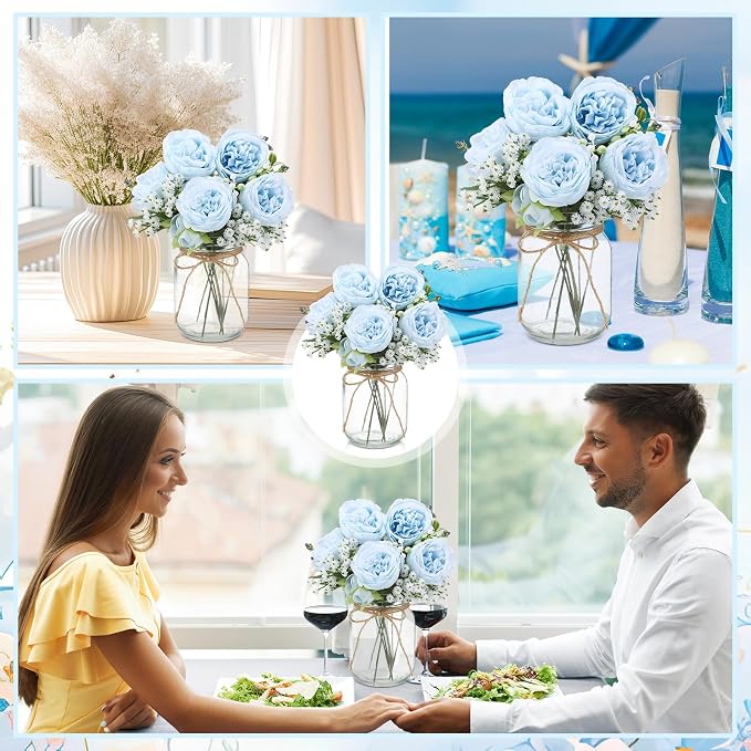 Zeyune 12 Sets Mason Jar Centerpiece Table Decorations, Artificial Peony Baby's Breath Flower Bouquets, Faux Flowers with Vase, Rustic Decor Gifts for Home, Wedding, Holiday (Blue)