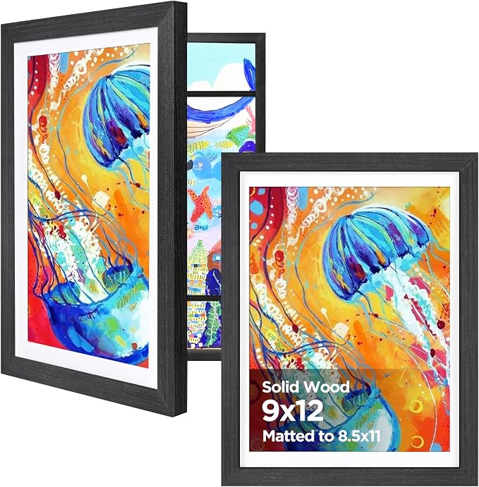 KINLINK 9x12 Kids Art Frame 2 Pack, Solid Wood Artwork Frames Changeable, Front Opening Hold 150 Pictures, Art Frames for Kids Artwork, 8.5x11 with Mat 9x12 without Mat, Picture Frames Black Wood