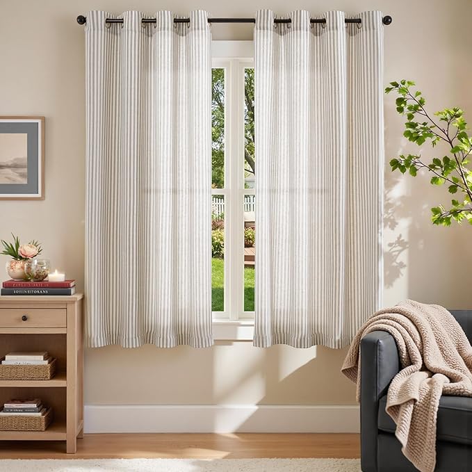 jinchan Linen Curtains for Living Room 63 Inches Long Taupe Grey on Beige Striped Curtains for Bedroom Ticking Stripe Light Filtering Farmhouse Cottage Core Rustic Grommet Window Treatment 2 Panels
