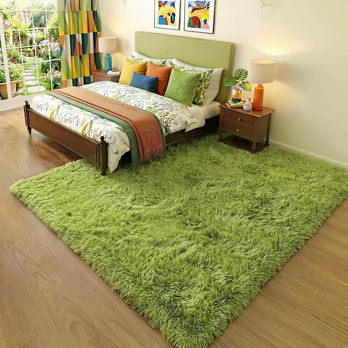 Grass Green Area Rugs for Bedroom, Fluffy Shag Plush Rug 5x7 for Kids Room Living Room Baby Nursery Decor Aesthetic, Cute Fuzzy Floor Furry Cool Shaggy Fuzzy Moss Carpet for Dorm Classroom Playroom