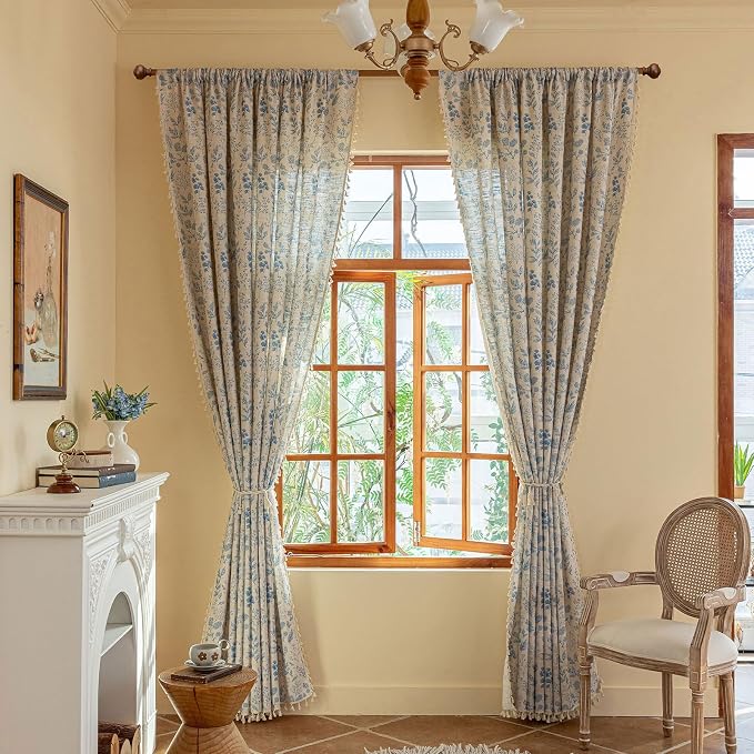 OYX Blue Boho Floral Curtains 96 Inch,Linen Farmhouse Leaf & Flower Drapes with Tassels, Light Filtering Semi Sheer Curtains for Living Room Bedroom, 2 Panels, Rod Pocket, 52Wx96L