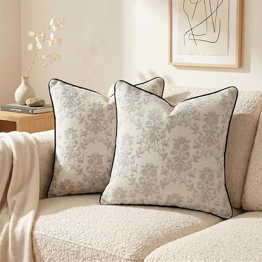 18x18 Inch Vintage Vine Floral Pillow Covers Set of 2, Boho Woven Cushion Cases with Velvet Backing and Corded Piping for Couch Sofa Home Decor, Beige