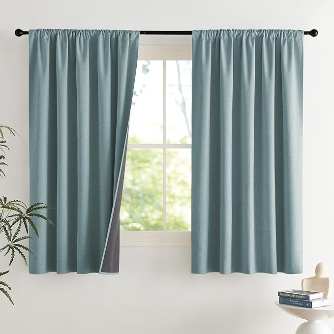 NICETOWN 2 Panels Skylark Blue Linen 100% Blackout Curtains, 42 x 63 Inch, Rod Pocket Style, Thermal Insulated & Noise Reducing Drapes for Living Room, Bedroom, Nursery, Modern & Simple Design