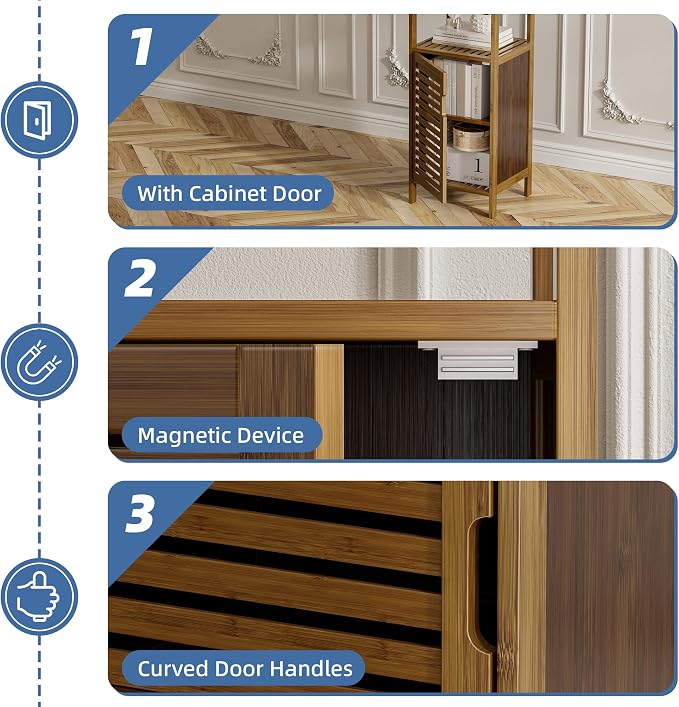 HITNET Bathroom Cabinet, Bamboo Floor Cabinet Free Standing, 4 Tier Sofa Side Storage Cupboard for Living Room Kitchen Entryway, Walnut