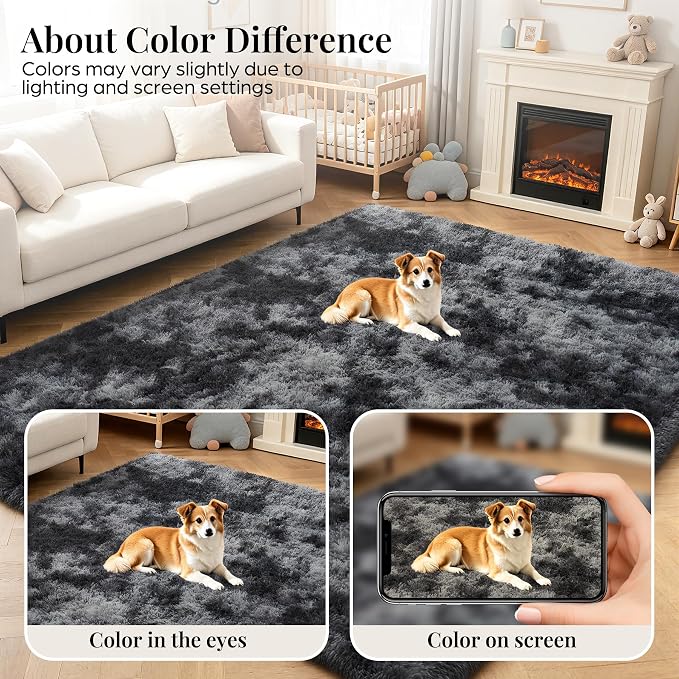 Area Rug for Living Room Bedroom:6x9 Black Grey Soft Fluffy Shag Upgrade Non-Slip High Pile Carpet Large Fuzzy Plush Indoor Floor Decor Shaggy Rug for Kid Boys Girls Playroom Nursery Modern Home