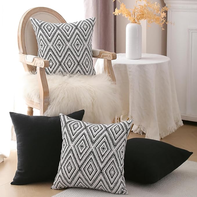 HPUK Throw Pillow Covers 18x18 Inch Set of 4, Linen Decorative Pillow Covers, Accent Cushion Covers for Couch Sofa Bed Bedroom Living Room Décor, Black