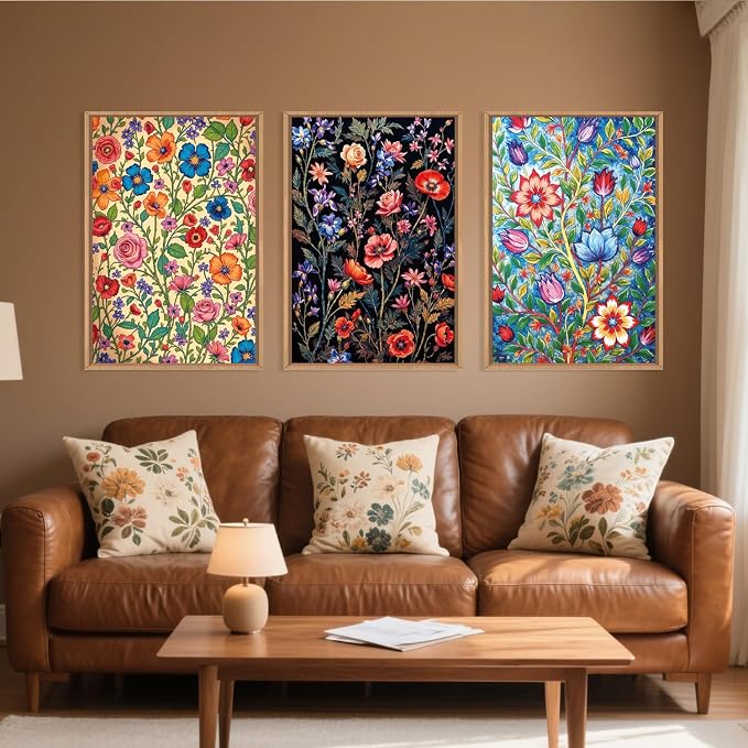 LHIUEM Large Vintage Botanical Flower Framed Canvas Wall Art,Abstract Colorful Wildflower Wall Decor,Rustic Bouquet Wall Painting,Poster Artwork for Living Room,Bedroom,Dining Room,Office -16"x24"x3