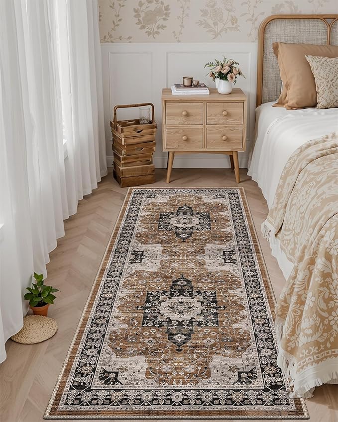 DEXI Hallway Washable Runner Rug 3x7, Vintage Farmhouse Thin Kitchen Runner with Non Slip Backing, Soft Entryway Floor Rug, Stain Resistant Distressed Carpet for Bedroom Living Room, Brown