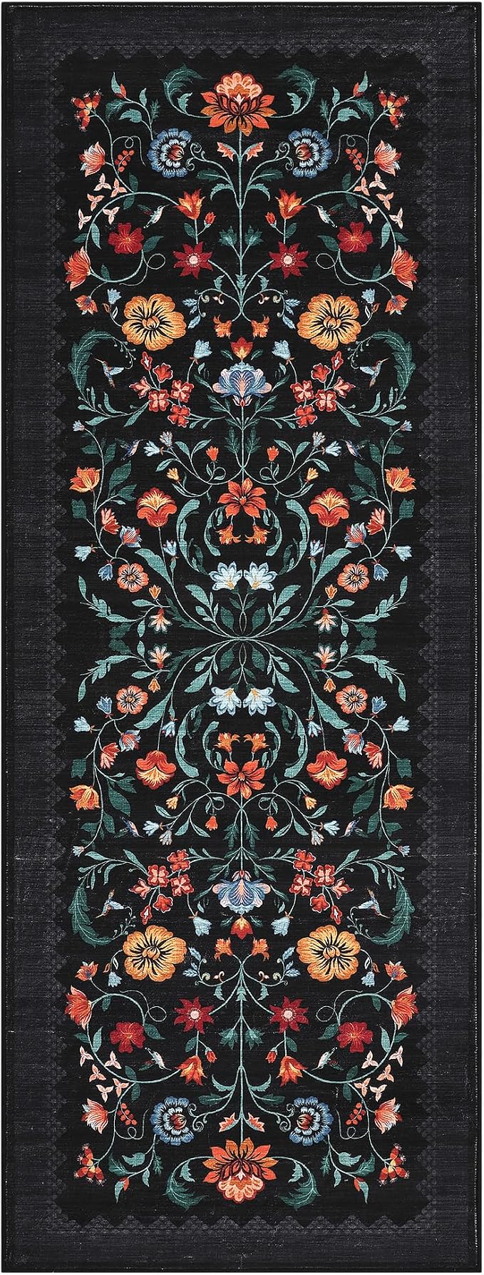 GarveeHome Floral Rug 2x6 Runners for Hallways, Boho Kitchen Runner Rugs Non Slip Bath Runners, Vintage Washable Runner Rug for Bedroom, Soft Long Rugs for Entryway Bathroom Laundry Dorm, Black
