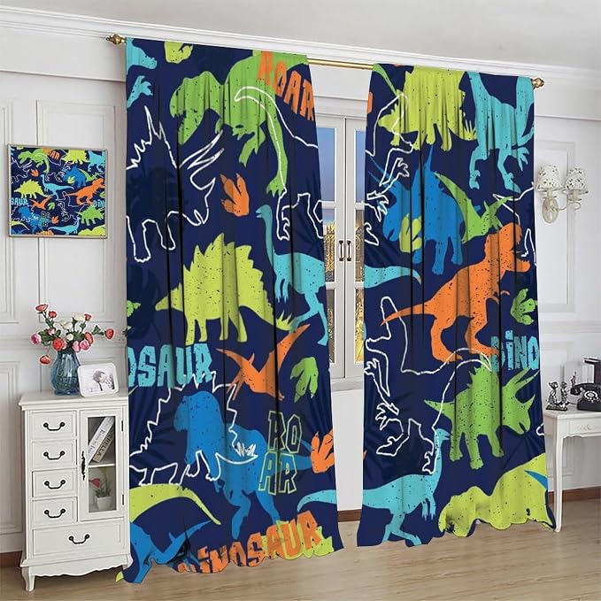 YCness Boys Dinosaur Curtains Cartoon Dino Navy Blue Blackout Kids Window Treatments for Boys Girls Children Nursery Living Room Bedroom Decor Fabric Set 2 Panel 63x72 Inch 80% Shading Rate
