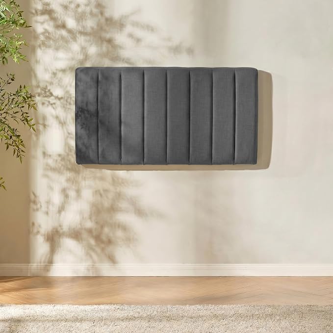 Hearth & Harbor Upholstered Twin Headboard - Easy Assemble Channel Stitched Headboard Twin Size - Wall Mounted Headboards with 3D Soundproof Wall Panels Peel & Stick Floating Headboards, Grey