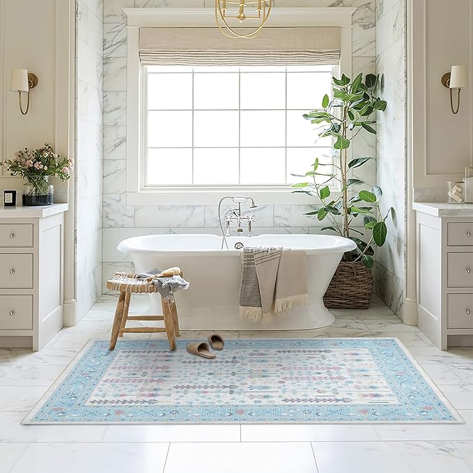 Fame Living Cream Blue Oushak Rug, Modern, Vintage, Turkish, Eclectic, Floral, Pastel, Washable, Area Rugs for Living Room, Dining, Bedroom, Office, Entryway, Foyer, Playroom, Nursery, 5'x6'9"