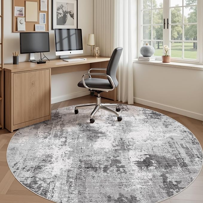 Abstract 6FT Round Rug: Machine Washable Non Slip Ultra Thin Low-Pile Carpet, Soft Stain Resistant for Living Room Bedroom Nursery, Kid Pet Friendly, Robot Vacuum Compatible - Grey