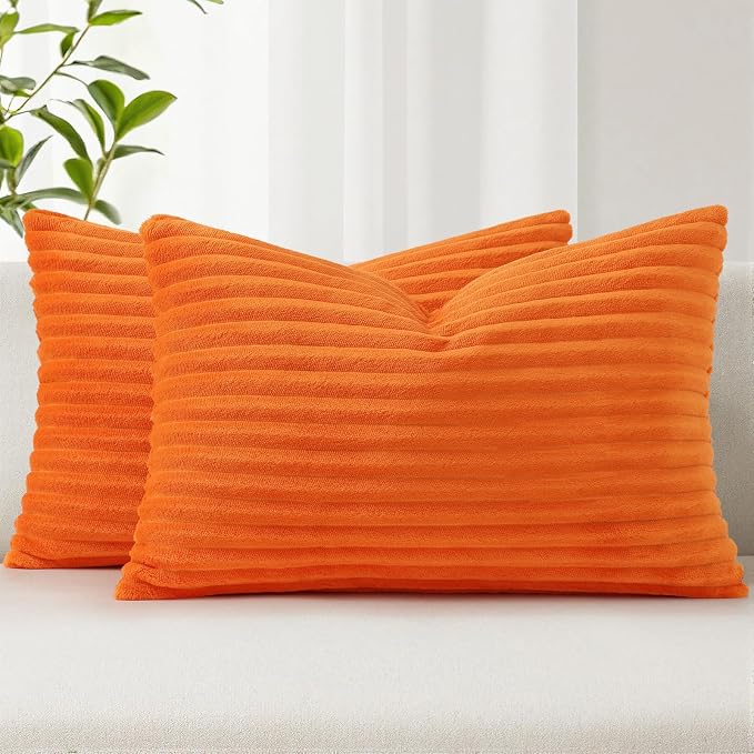 Simmore Decorative Fall Throw Pillow Covers 12x20 Set of 2, Soft Natural Plush Flannel Double-Sided Fluffy Rectangle Pillow Covers for Couch Sofa Living Room, Orange