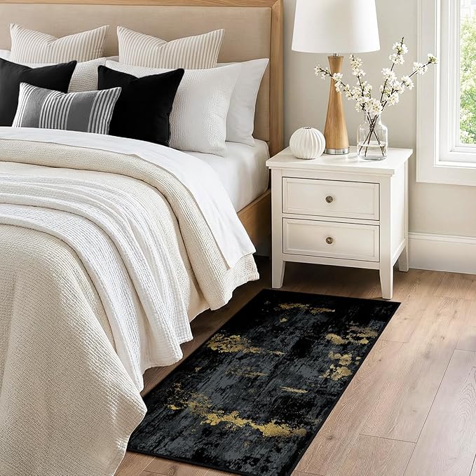 RELEANY Washable Area Rugs 2'x4' Non-Slip Modern Abstract Soft for Living Room Entryway Bedroom Kitchen, Print Pattern, Dark Black Gold