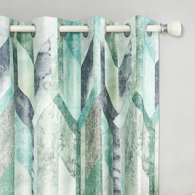 Leeva Printing Curtains & Drapes, Faux Linen Geometric Pattern Grommet Curtain Panels for Bedroom, Modern Style Light Filtering Window Treatment for Living Room, 60 x 106, 2 Pieces, Green