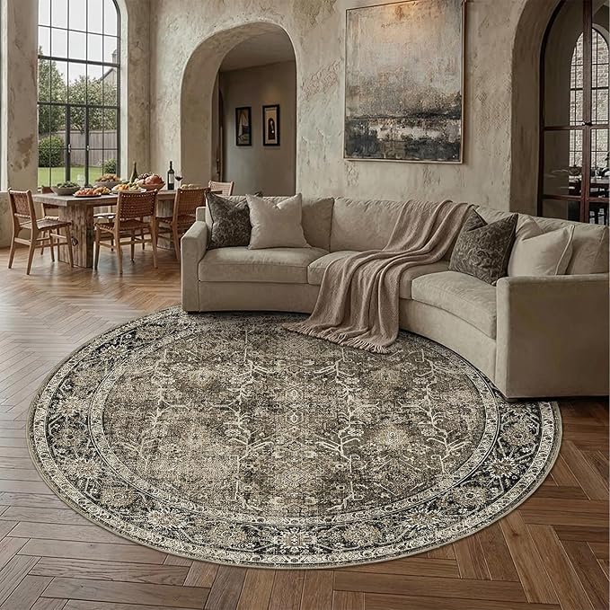 PureCozy Brown Round Area Rug 8ft Washable 8x8 Circle Vintage Low Pile Indoor Large Kitchen Living Room Carpet Non Slip Traditional Distressed Retro Accent Throw Rug Office Dining Room