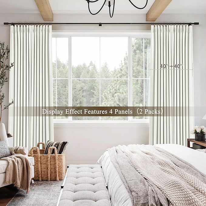 Ivory Pinch Pleated Linen Blackout Curtains 96 Inches Long for Bedroom Living Room 2 Panels Set, Darkening Thermal Insulated Double Layer Boho Neutral Pinch Pleat Hooks Rings Track System Curtain