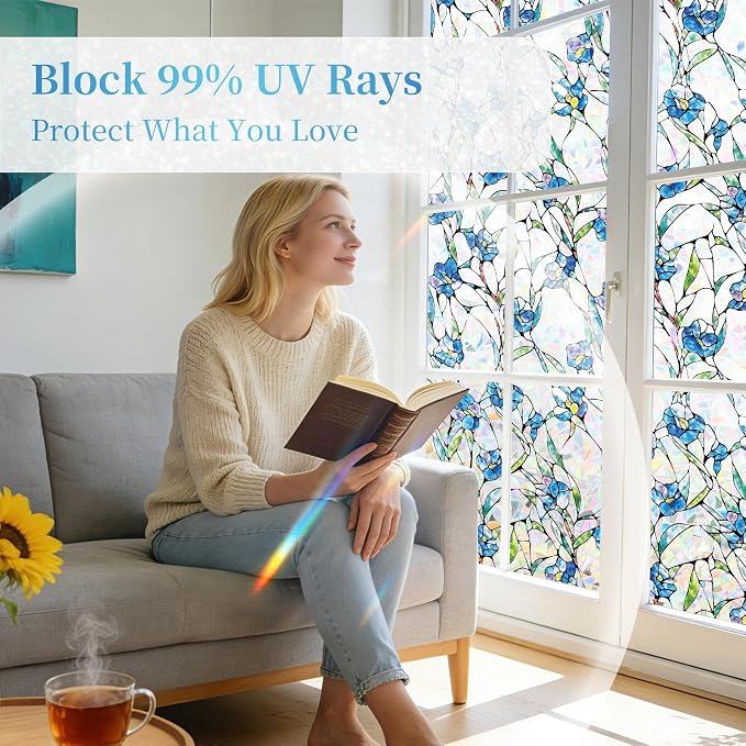 Finnez Window Privacy Film 3D Static Cling Window Film with Rainbow Effect, No Glue Heat Control & 99% UV Blocking for Home Office, Decorative Glass Cover 17.5" x 6.5'