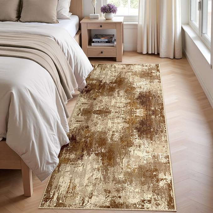 RELEANY Washable Area Rugs 2'x8' Non-Slip Modern Abstract Soft for Living Room Entryway Bedroom Kitchen, Print Pattern, Brown Tan Beige Coffee