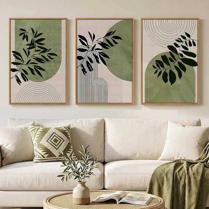 Framed Boho Botanical Wall Art for Living Room, 3 Piece Modern Green Bohemian Canvas Paintings Prints, Minimalist Geometric Boho Leaf Pictures for Bedroom Dining Room Office Wall Decor, 16x24 Inch