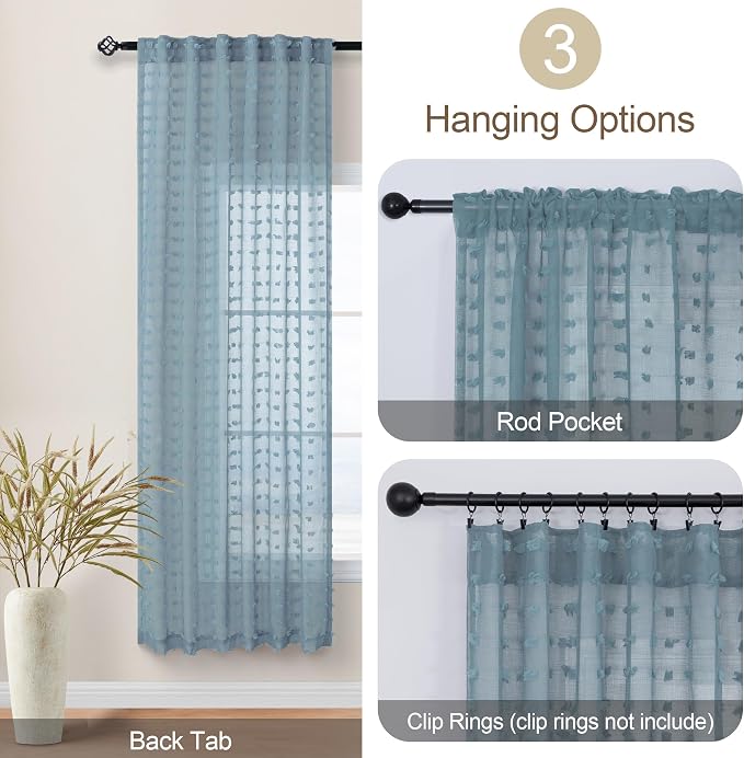 DANCURTON Stone Blue Sheer Curtains 63 Inch Length for Boys Bedroom Nursery Boho Farmhouse Light Blue Pom Pom Semi Sheer Kitchen Curtain Summer Beach Themed Ocean Coastal Decor 52x63 Back Tab 2 Panels