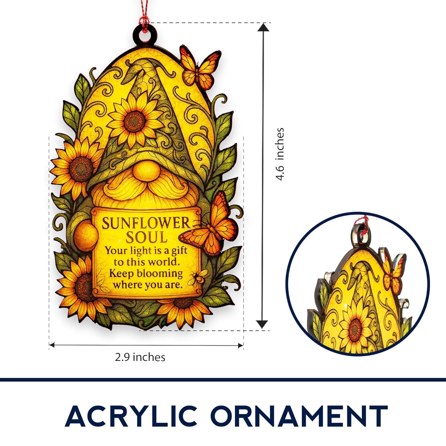 Sunflower Soul Gnome Ornament – Positive Encouragement | Bloom with Light – Butterfly – Uplifting Gift Card [Inspiration Ornament] – Suncatcher Effect Stained Glass Window – Car Hanging