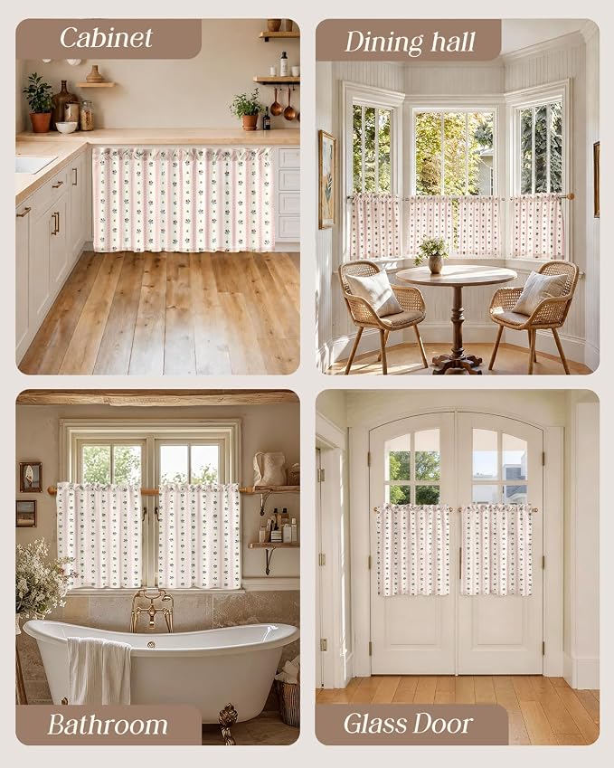 Miss Adola Farmhouse Kitchen Tier Curtains - 24 Inch Length Linen Blend Boho Floral Cafe Curtains Stripe Small Window Treatments Over Sink Rod Pocket for Bathroom Living Room Light Filtering, 2 Panels