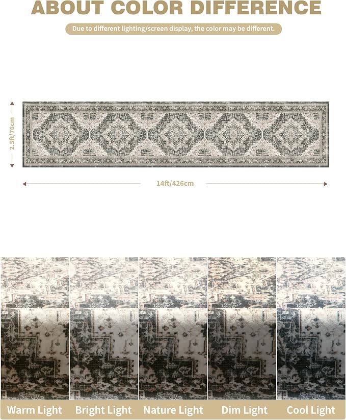Roxstand Washable 2.6x14 Hallway Runner Rug, Black/Beige | Low-Pile Carpet, Non-slip Backing,14ft Runner, Stain Resistant, Runner for Kitchen, Laundry Room, Entryway, Vintage Design