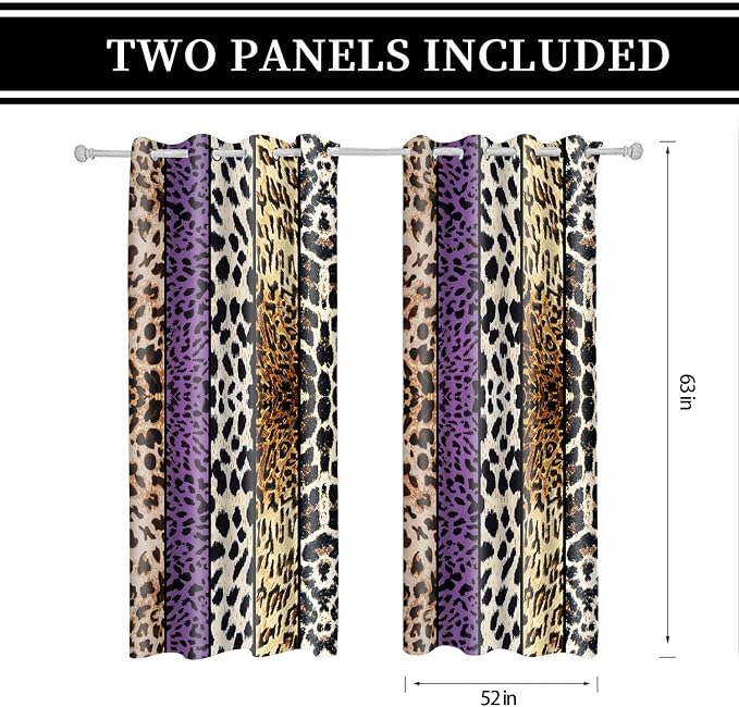 Wild Animal Print Curtain, Room Darkening Thermal Insulated Blackout Leopard Boa Window Drapes with Grommets for Living, Dining, Bedroom, Purple Leopard Print, 52"x 63", 2 Panels