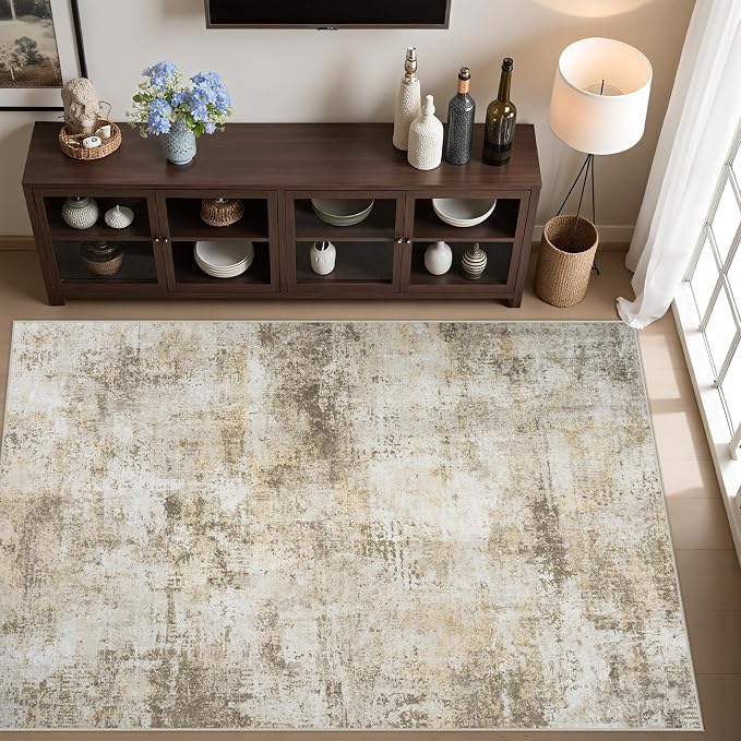 Washable Rug 6x9 Area Rugs: Soft Large Living Room Rug with Anti-Slip Backing Non-Shedding Stain-Resistant Modern Abstract Carpet for Bedroom Dining Room Nursery Home Office Beige Grey
