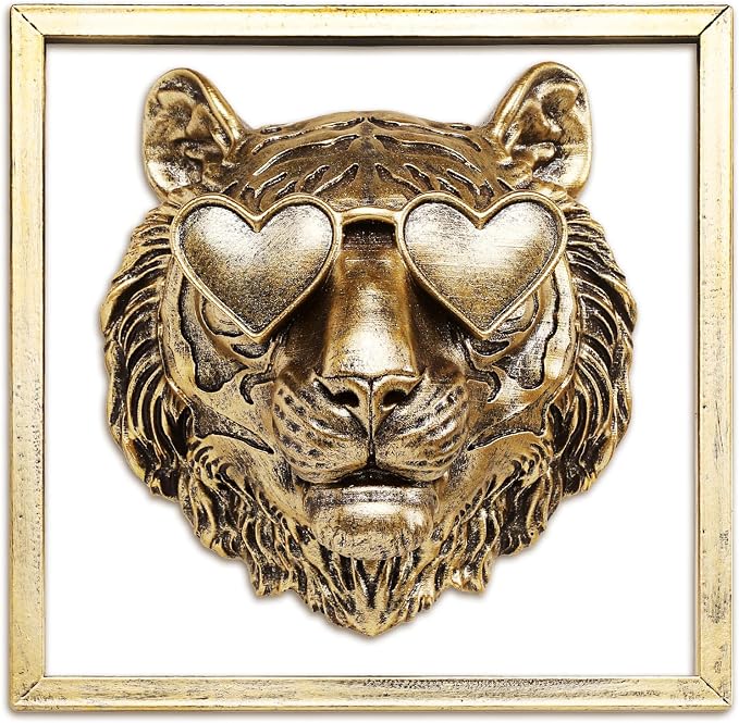 Newinhome Animal Heads Wall Decor (Includes Metal Frame) Resin Animals Sculptures Head Wall Hanging Decoration Gold vintage Wall Sculpture for Living Room Bedroom Office(Tiger)