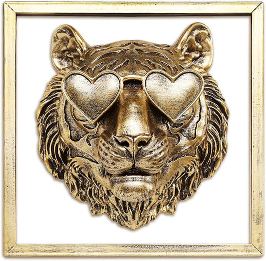 Newinhome Animal Heads Wall Decor (Includes Metal Frame) Resin Animals Sculptures Head Wall Hanging Decoration Gold vintage Wall Sculpture for Living Room Bedroom Office(Tiger)